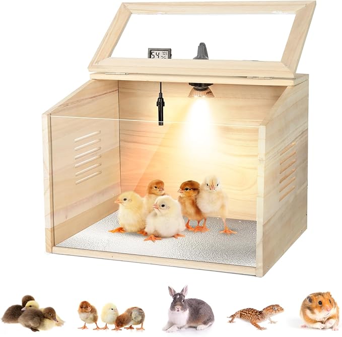 Chick Brooder Box Chick Starter Kit,Poultry Brooder Wooden with Thermometer and Two Heat Lamp,Baby Chicken Supplies for Duck Quail Hamsters and Lizards