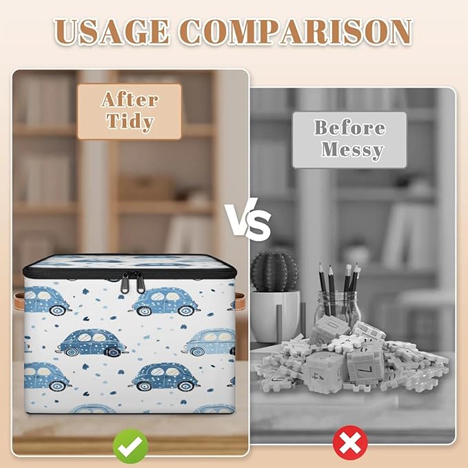 Storage Cubes with Lid Fabric Storage Bins Boxes PU Leather Handles, Cute Cars Closet Organizer Container Foldable Washable Shelf Cloth Basket, Cartoon Car