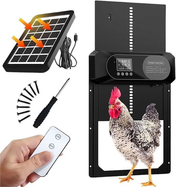 Solar Powered Automatic Chicken coop Door, Display, with Timer and Remote Control, Four Modes
