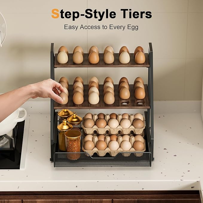 3-Tier Wooden Fresh Egg Holder Countertop With Basket for 36+90 Eggs, Wooden Egg Holder Countertop with Carry Handle for Gathering 150+ Eggs, Duck, and Quail Eggs