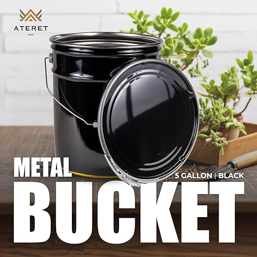 ATERET 5 Gallon Black Metal Bucket & Lever Lock Pail Lid, Heavy Duty Durable Pails and Lids for Outdoor and Household Use (12 Pack)