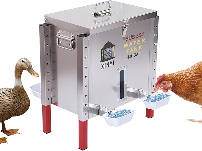 Xinyi 40 lb Stainless Steels Automatic Chicken Waterer, Pet Water Feeder, 4 Aluminum Alloy Water Cups, Remaining Water Quantity Observation Window, Poultry Drinker for Ducks, Goose 4.9 Gallon