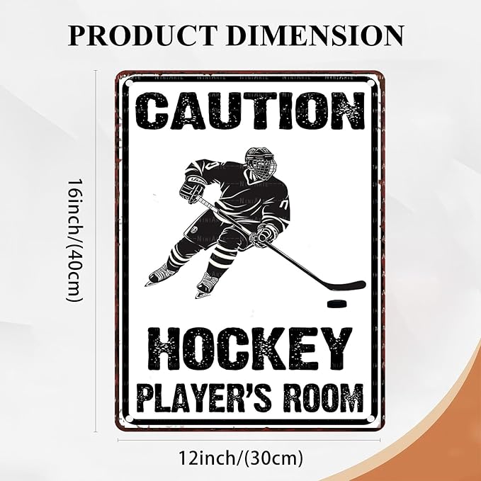 Hockey Metal Tin Sign Caution Hockey Player's Room Vintage Sign for Man Cave Decor Sports Wall Decor Hockey Party Decorations Hockey Fans Sign Front Door Sign 12X16Inch