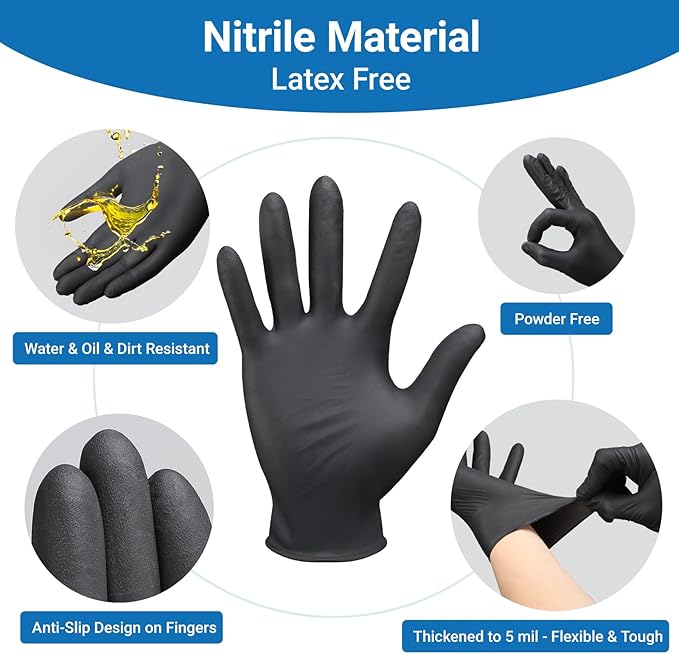 100 PCS Disposable Black Nitrile BBQ Gloves - 5 Mil Heavy Duty Latex Free for Cooking, Serving, BBQ, Barber, Butcher, Chef, with 12 Pairs Cotton Glove Liners Men & Women, Medium