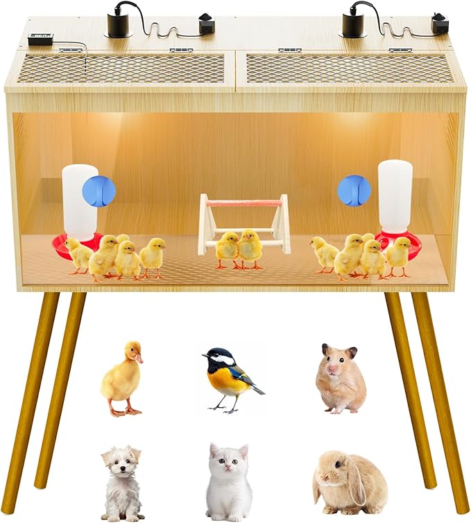 Brooder Box for Chicks, 32 Inch Wooden Large Chicken Brooder Box with 75W Heat Lamps, Thermometer, Chicken Feeder, Waterer Set, Tin Foil, Breeding Kit for 12-15 Chicks Ducks Quail with Legs