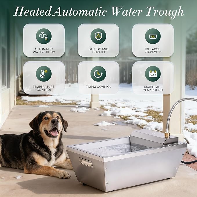 Heated Automatic Livestock Water Trough Heated Dog Water Bowl Outdoor Thermal Water Trough Auto Waterer for Large Dogs Horse Cattle Goat Sheep Pig, Adjustable Temperature & Timer