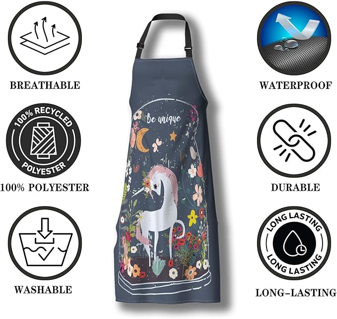 Cook Apron for Men Unicorn Floral Moon Cute Aprons for Women for Kitchen Cooking Restaurant BBQ Painting Crafting 27” (W) x 31” (H), Waterproof Apron