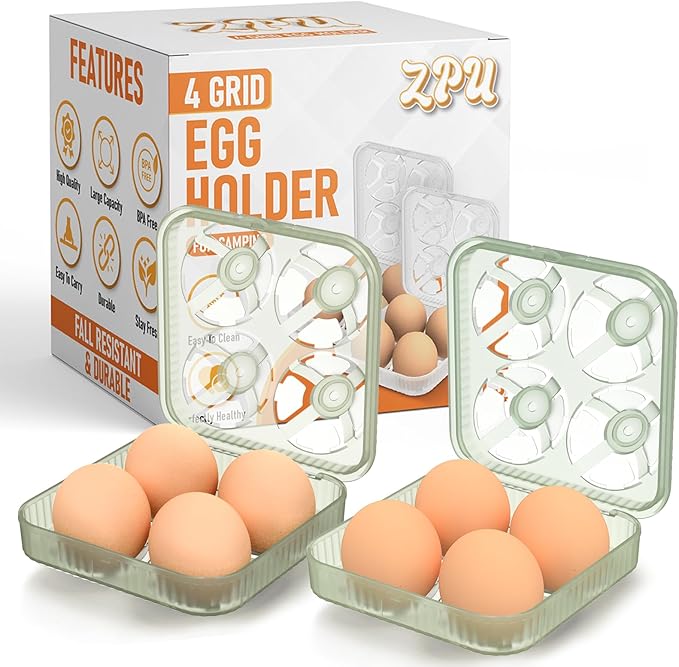 ZPU Egg Holder Camping, 2Pcs 4 Grid Egg Container, Plastic Egg Carrier for Camping Picnic Travel Outdoor Refrigerator Kitchen, Protective Egg Storage Case, Green