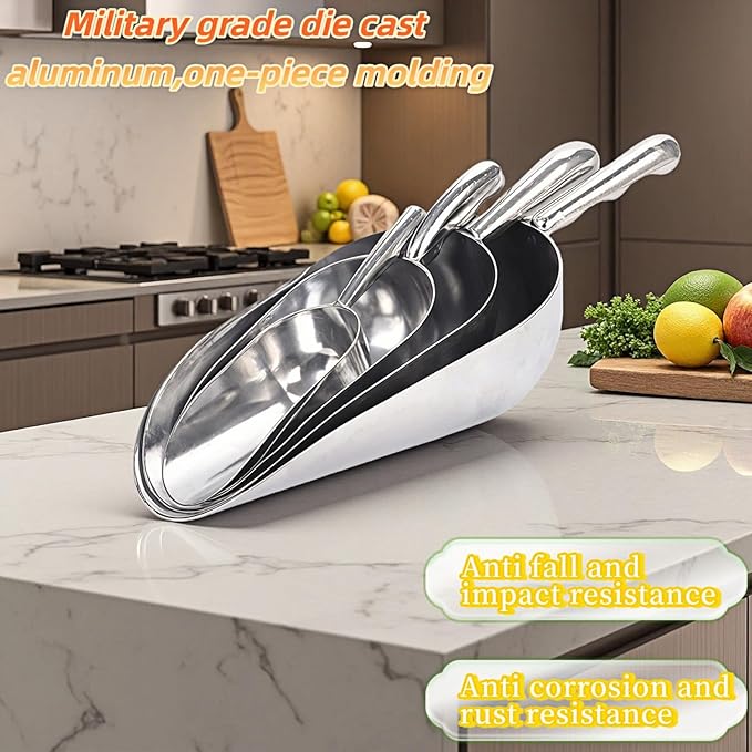 Ice Scoop, Heavy Duty Cast Aluminum, Ergonomic S-Curve Handle, Commercial Grade for Ice, Coffee, Popcorn, Flour, Sugar, Food-Grade & Rust-Proof Kitchen Tool (M (12oz))