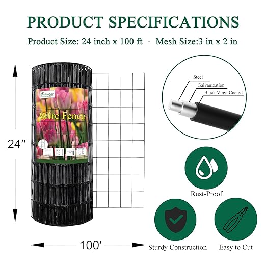Black PVC Coated Welded Wire Fence 24 Inch x 100 Foot, 2 Inch x 3 Inch 16GA, Garden Border Fencing Roll Vinyl Coating Metal Wire Mesh for Yard Vegetable Plant Protection Poultry Netting