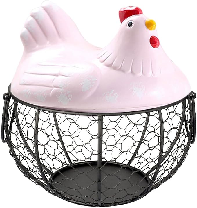 Egg Storage Organizer for Kitchen Countertop, Ceramic Chicken Lid with Wire Basket Dispenser, Black Chicken Egg Holder for Fresh Eggs, Rustics Egg Dispenser Rack for Farmhouse Decor (Pink)