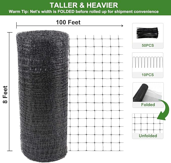 Deer Netting Fence, 8ft x 100ft Bird Netting Heavy Duty Garden Netting for Garden Protection Fruit Trees Vegetable Plants Against Birds, Deer and Other Animals