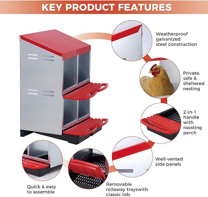 Chicken Nesting Boxes with Rollout Egg Collection – 4-Compartment Metal Hen Nest Box with Removable Trays, Slanted Roof & Ventilation, Wall Mount or Standing for Backyard Poultry Coop, Red