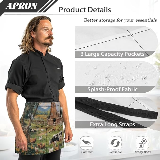 Waistress Apron with Pockets Coffee Waiter Apron Long String Chef Half Aprons for Cooking Kitchen Hairdresser