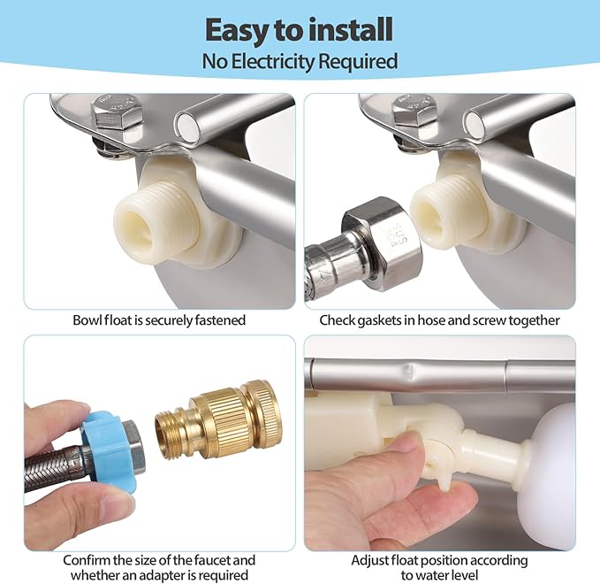 Automatic Water Dispenser for Chicken, 304 Stainless Steel Outdoor Auto Fill Waterer Bowl Self Refilling Watering System with 2 Float Valves and Drainage Hole for Chicken,Duck,Poultry