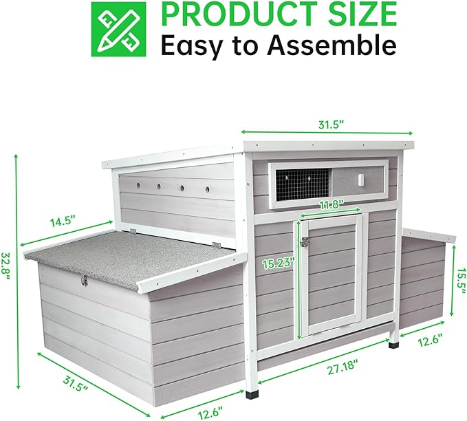 Chicken Coop, 58" Wooden Chicken Coop with 2 Sides Large Nesting Boxes for 4-6 Chickens, Poultry Hutch Rabbit Cage with No-Slip Ramp & Pull-Out Tray for Outdoor Farm Yard (White Grey)