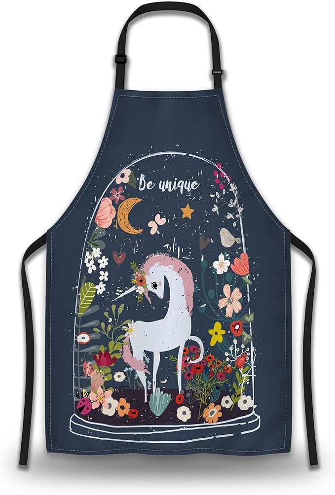 Cook Apron for Men Unicorn Floral Moon Cute Aprons for Women for Kitchen Cooking Restaurant BBQ Painting Crafting 27” (W) x 31” (H), Waterproof Apron