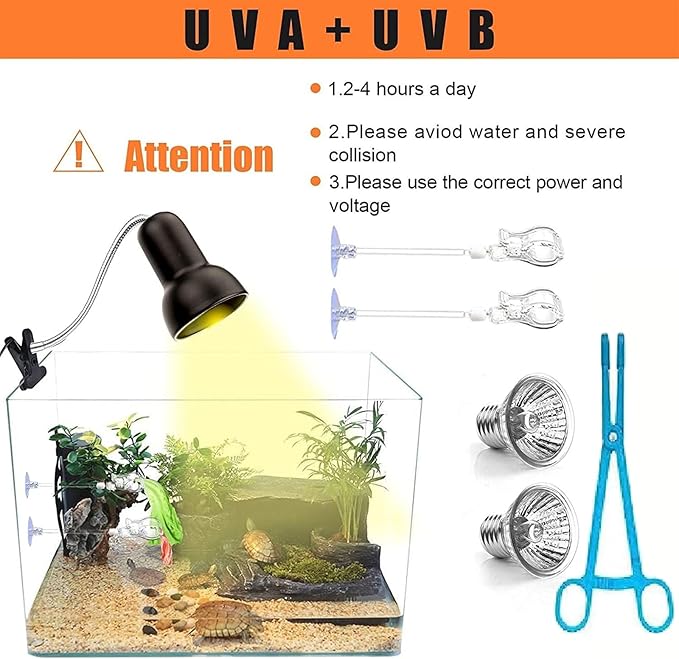 Reptile Heat Lamp Light, UVA UVB Reptile Light, Reptile Turtle Heating Lamps for Turtles Tortoise Lizards Snake Bird or Chick one Terrarium lamp Light +Two 25W Bulb+2 Clip+1tweezer