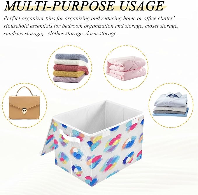 Colorful Brushstroke Pattern Storage Bins with Lids Foldable Storage Basket with Handles Collapsible Large Fabric Organizer Containers for Clothes Shelves Closet Office Home