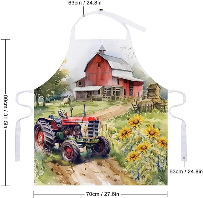 Vintage Watercolor Old Tractor Kitchen Apron, Oil Painting Western Farmhouse Harvest Farm Sunflower Tractor Apron