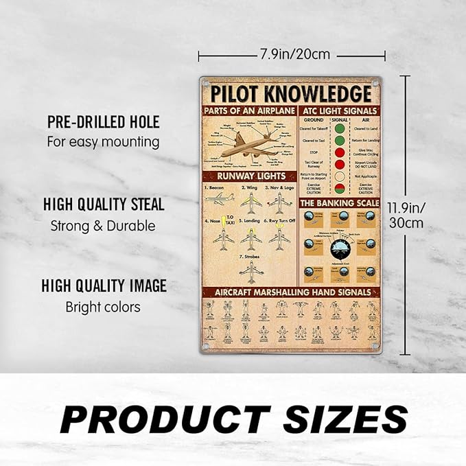 Pilot Knowledge Educational Chart Metal Sign Vintage Aviation Wall Art Airplane Decor For Pilots Flight Students Enthusiasts Man Cave Boys Room 8 x 12 Inch
