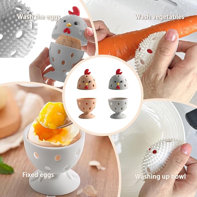 Silicone Egg Brush Cleaner, Egg Washer for Fresh Eggs, Reusable Multipurpose Washing Egg Tool for Fruits and Vegetables (Brown + Gray 2 Sets)