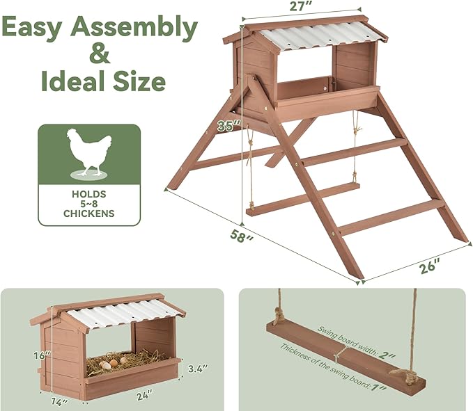 Chicken Perch for Coop, 3 in 1 Design-Nesting Box with All Weather PVC Roof+Perches+Swing, Indoor & Outdoor Roosting Bar