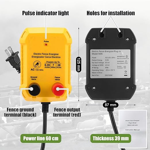 Electric Fence for Preventing Animals Intruding 2 Mile 110VAC 0.35 Joule Electric Plug in Fence, 50 Black Insulator and 1 Socket Tool 250ft Aluminum Wire for Animals and Keep Out Predators