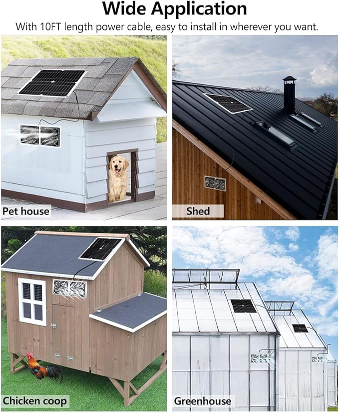 WININMETA Solar Powered Fan, 25W Solar Fan for Chicken Coop, Solar Exhaust Fan for Greenhouse, Shed, Pet Houses, Outside with Two 5In IP65 Waterproof Fans, 10Ft Cable, On/Off Switch, Intake or Exhaust