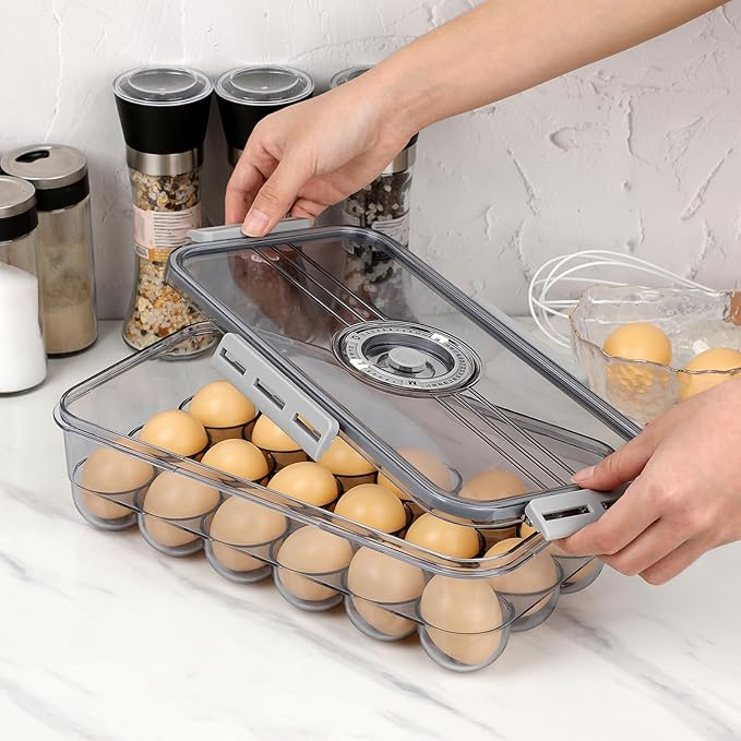 BTSKY Premium Plastic Egg Holder for Fridge - 18 Count Egg Container for Refrigerator, Egg Organizer, Plastic Egg Storage Box with Time Reminer and Lid- Reusable Egg Carton Tray Stackable