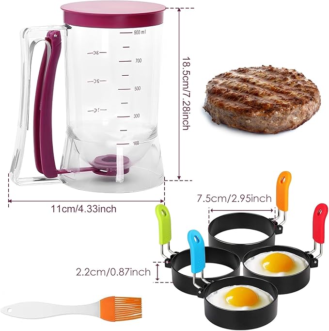 6 Piece Griddle Breakfast Kit, Pancake Batter Dispenser, Compatible with Griddle Accessories, Included 4 Egg Rings & Basting Brush, Kitchen Baking Tool for Indoor-Outdoor Cooking