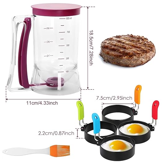 Griddle Breakfast Kit, Pancake Batter Dispenser, Griddle Accessories Including 4 Egg Rings and Silicone Oil Brush, 900ml Easy to Use Cupcake Dispenser for Baking Pancake