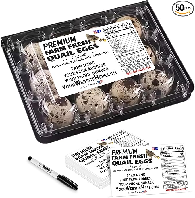 Jumbo Quail Egg Cartons with Custom Farm Labels for Coturnix Bobwhite Quail (12 Count, 50)