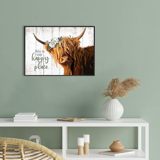 Highland Cow Decor Wall Art, Floral Farmhouse Cow Rustic Wall Decor, This is Our Happy Place Inspirational, Country Cattle Framed Painting for Living Room, Bedroom, Kitchen,Bathroom(10x14.5'')