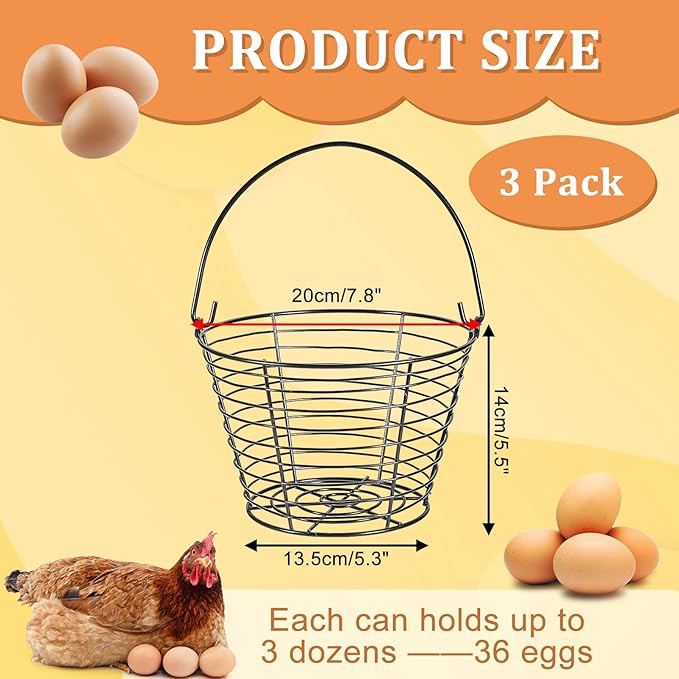3 PCS 8" Black Round Wire Egg Baskets With Handle, Small Metal Egg Collecting Basket for Gathering Fresh Eggs, Chicken and Duck Eggs Hunting Basket Egg Holder Countertop