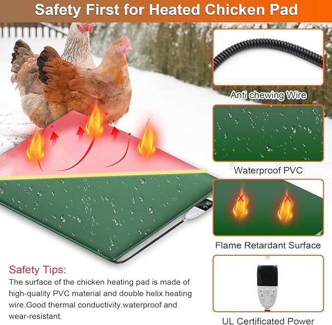 Chicken Heating Pad Chick Brooder Pad Poultry Heated Mat Adjustable Digital Thermostat Brood Heater Blanket with Timer Anti Bite Warmer Bed for Small Animal Pet 15.7 x 23.6 in Green