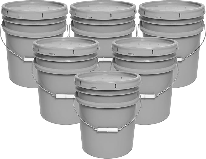 5-Gallon Bucket with Airtight Lid – Made in USA, Food Grade BPA Free Plastic, Heavy Duty Multi-Use, Metal Handle with Grip, Stackable Storage – Silver, 6 Pack