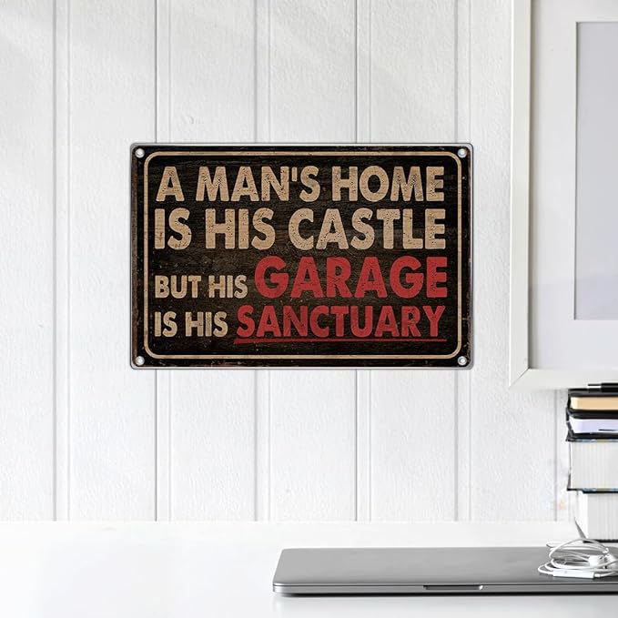 Man Cave Wall Decor Garage For Men Vintage Metal Sign Decoration A Man's Home Is His Castle But Sanctuary 12 x 8 Inch Art Kitchen Aluminum Indoor Outdoor