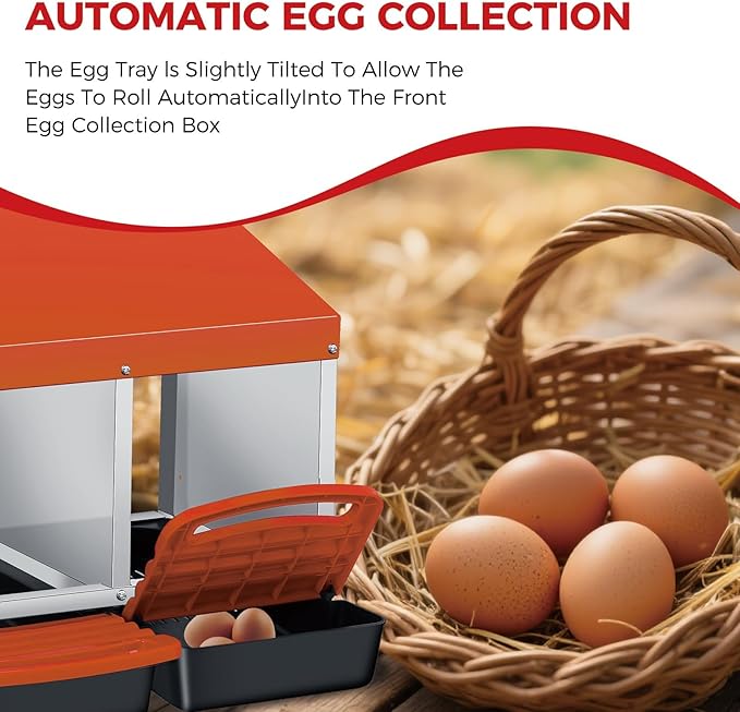 4-Hole Heavy Duty Metal Roll-Away Chicken Nesting Box – Removable Tray for Easy Egg Collection & Cleaning, Wall-Mountable – Ideal for Poultry Coop, Backyard, Farm – Orange, Four Grids