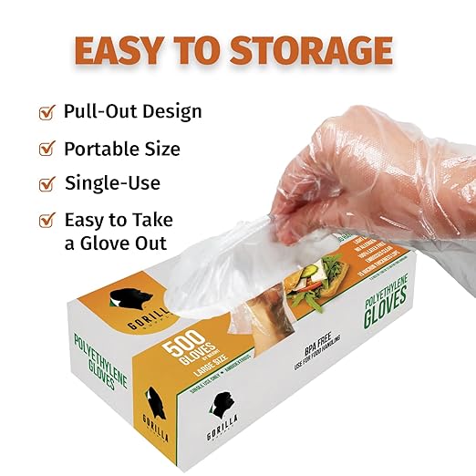 GORILLA SUPPLY 500 BPA Free Premium Disposable Gloves Poly PE LDPE Plastic for Kitchen Food Handling Food Prep Latex & Powder Free (500 Count, Large)