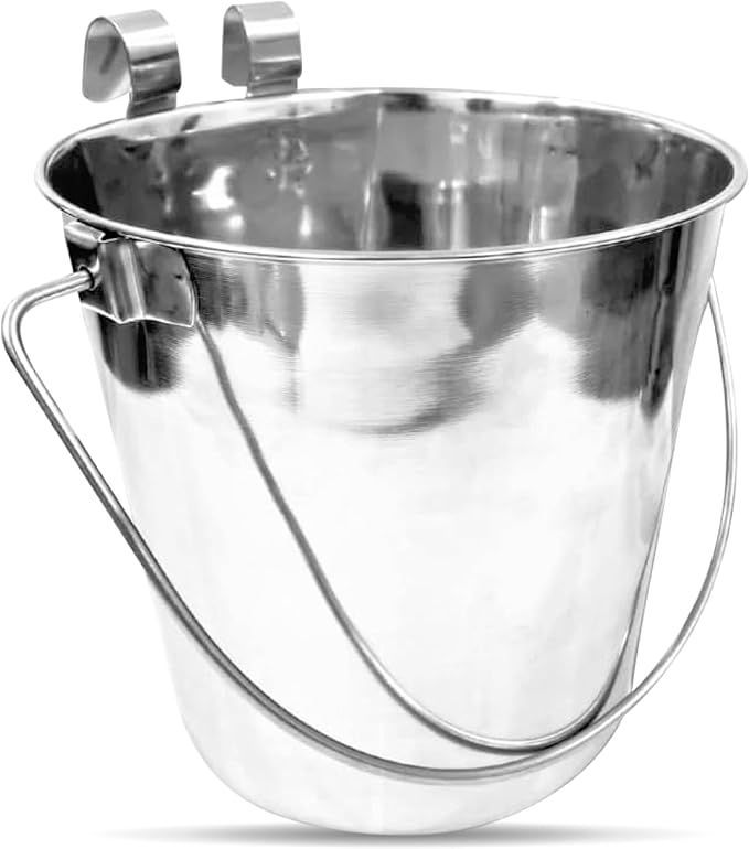 Half Gallon Stainless Steel Bucket - Heavy Duty Flat-Side Metal Bucket for Pets & Livestock Feeding - Rust Resistant Water Bucket with Hooks for Kennels, Cages, Crates & Fences - 2 Quart
