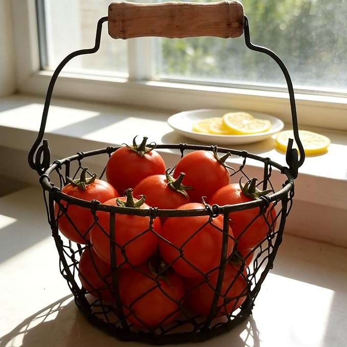 Small Wire Egg Collecting Basket with Handle, Mini Rustic Farmhouse Chicken Wire Egg Basket for Gathering Fresh Eggs from Coop, Vintage Countertop Holder for Easter Egg Hunt, 2 PCS