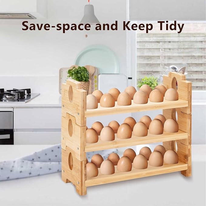 Space-Saving Bamboo Egg Rack - 3-Tier 12-Egg Capacity with Screwdriver, Stackable Countertop Organizer for Fresh Eggs