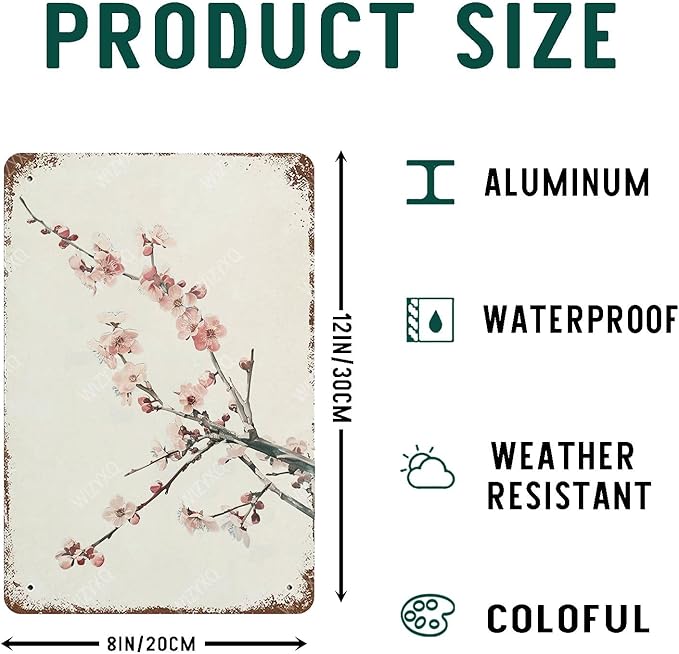 Flowers Metal Signs Plum Blossom Sign Vintage Tin Sign Retro Wall Art Decor for Living Room Bedroom Garden Yard Shop Bar 8×12 Inches