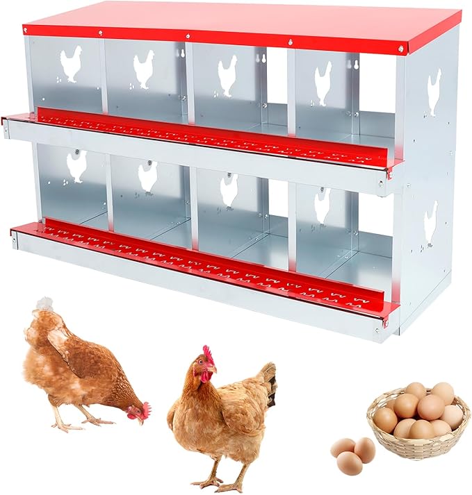 Confote Two-Tier Chicken Nesting Box, 8 Compartment Egg Laying Box, Galvanized Steel Laying Boxes with Lid Cover