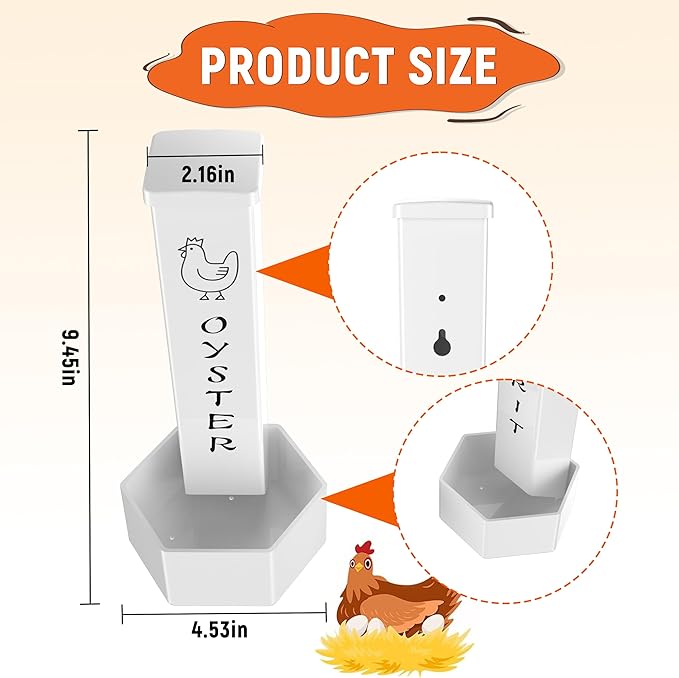 Chicken Grit and Oyster Shell Feeder, 2 Pack Hanging Wall Mount Chicken Feeder Combo, Waterproof ABS Automatic Gravity Poultry Feeder with Lid Rounded Edges, Coop Accessories for Healthier Hens & Eggs
