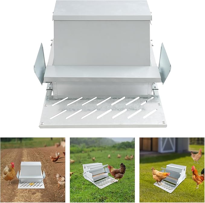 Automatic Chicken Feeder 25lb, Treadle Poultry Feeder Rat Proof with Weatherproof Lid, No Waste Galvanized Steel Feed Dispenser for Hens, Ducks, Large Capacity