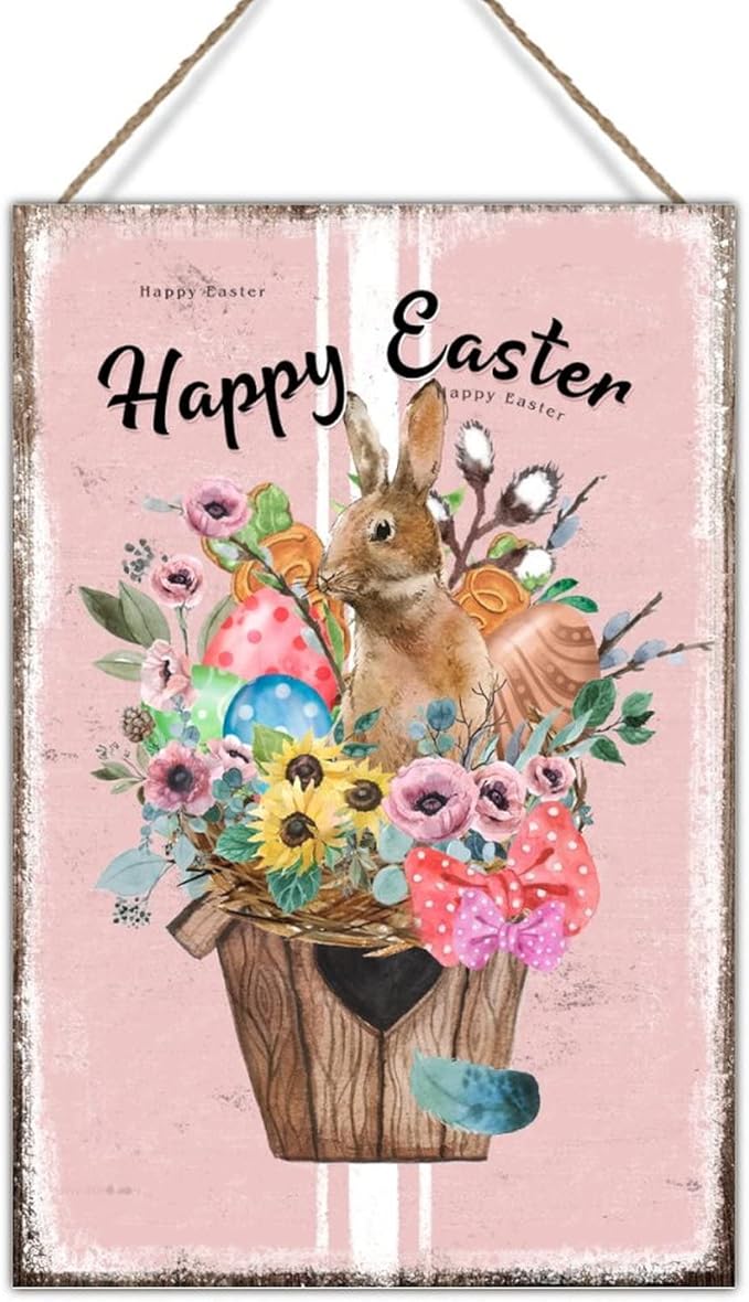 Happy Easter Flower Basket Bunny Wooden Sign French Style Floral Pink Stripes Sign Plaque Happy Easter Eggs Bunny Wall Hanging Signs for Living Room Front Porch 12x18in