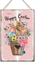 Happy Easter Flower Basket Bunny Wooden Sign French Style Floral Pink Stripes Sign Plaque Happy Easter Eggs Bunny Wall Hanging Signs for Living Room Front Porch 12x18in