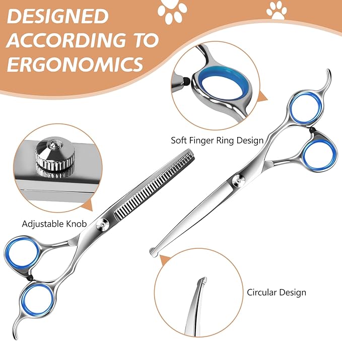 Niura Pet Grooming Scissors Set - Professional Stainless Steel Grooming Kit with Curved, Straight, Thinning, Round Tip Scissors, Combs, Ear Cleaning Hemostat Forceps & Storage Bag